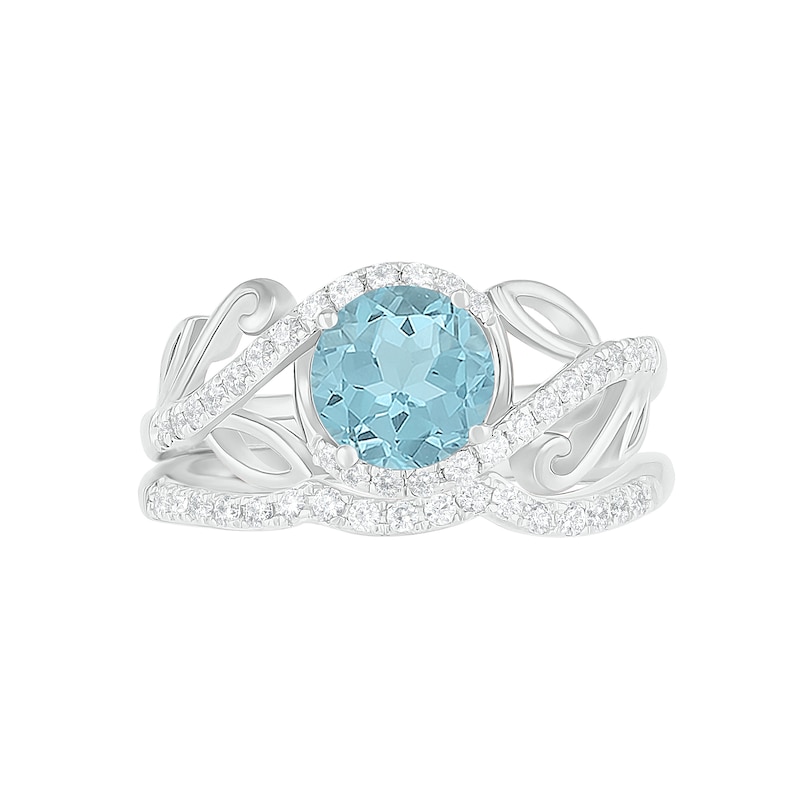 Main Image 3 of 7.0mm Aquamarine and 0.37 CT. T.W. Diamond Bypass Leaf Shank Bridal Set in 10K White Gold