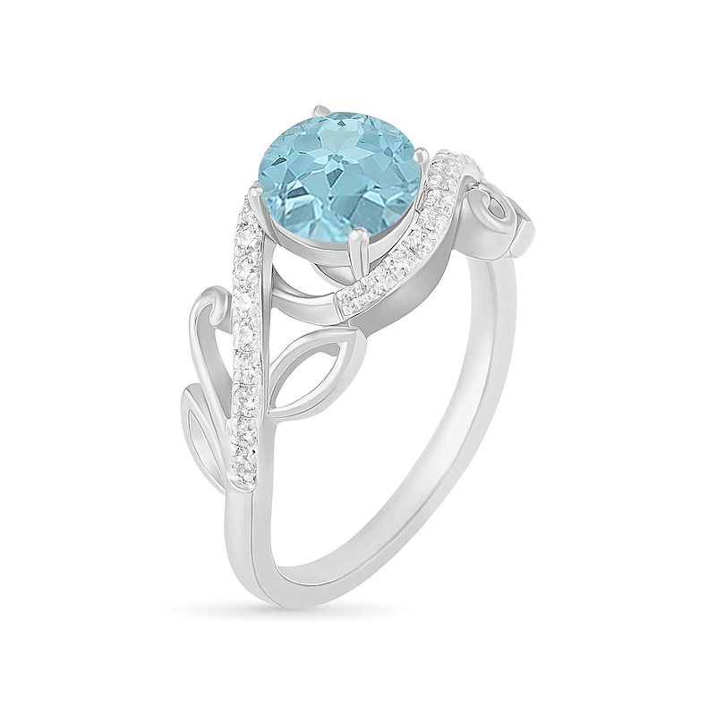 Main Image 6 of 7.0mm Aquamarine and 0.37 CT. T.W. Diamond Bypass Leaf Shank Bridal Set in 10K White Gold