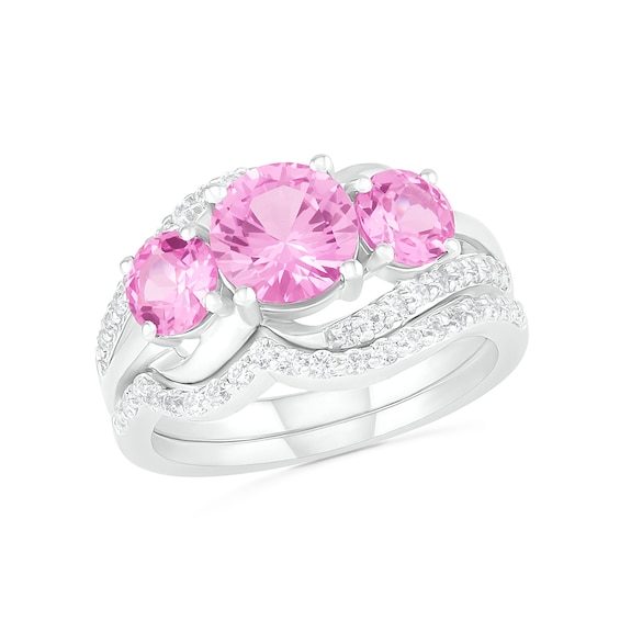 Lab-Created Pink and White Sapphire Three Stone Rolling Wave Split Shank Bridal Set in Sterling Silver