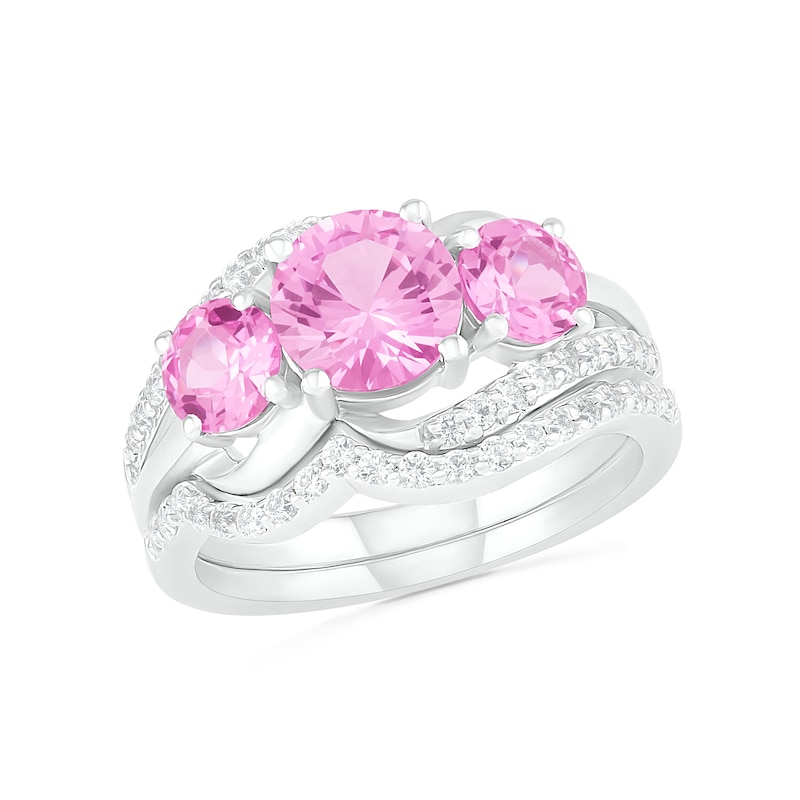 Lab-Created Pink and White Sapphire Three Stone Rolling Wave Split Shank Bridal Set in Sterling Silver