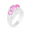 Lab-Created Pink and White Sapphire Three Stone Rolling Wave Split Shank Bridal Set in Sterling Silver