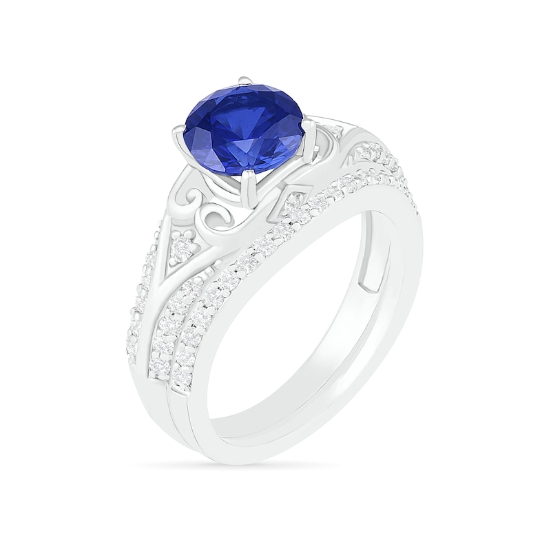 Main Image 2 of 7.0mm Lab-Created Blue and White Sapphire Scroll-Sides Vintage-Style Split Shank Bridal Set in Sterling Silver