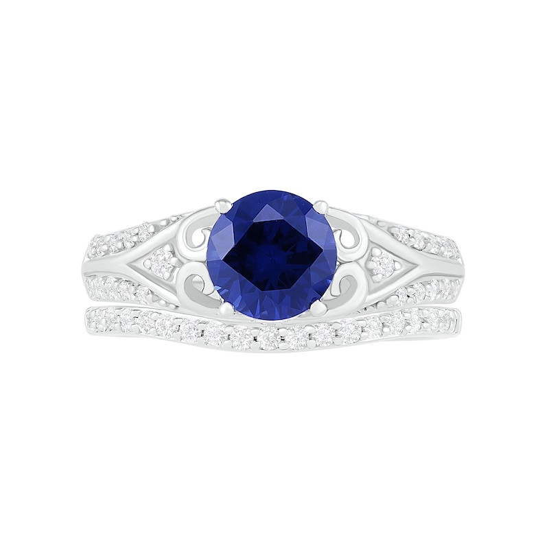 Main Image 3 of 7.0mm Lab-Created Blue and White Sapphire Scroll-Sides Vintage-Style Split Shank Bridal Set in Sterling Silver