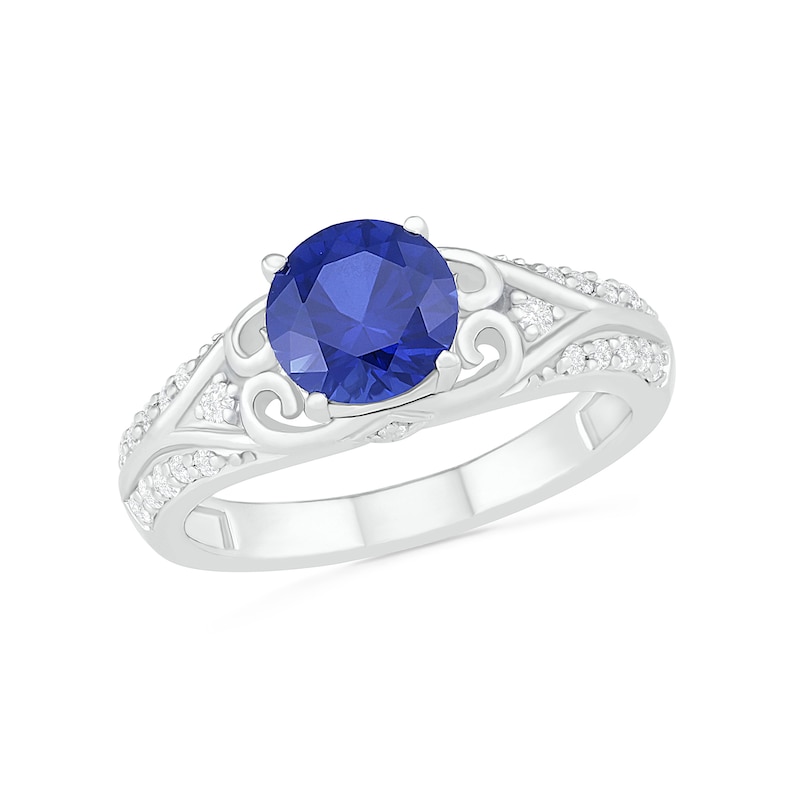 Main Image 4 of 7.0mm Lab-Created Blue and White Sapphire Scroll-Sides Vintage-Style Split Shank Bridal Set in Sterling Silver