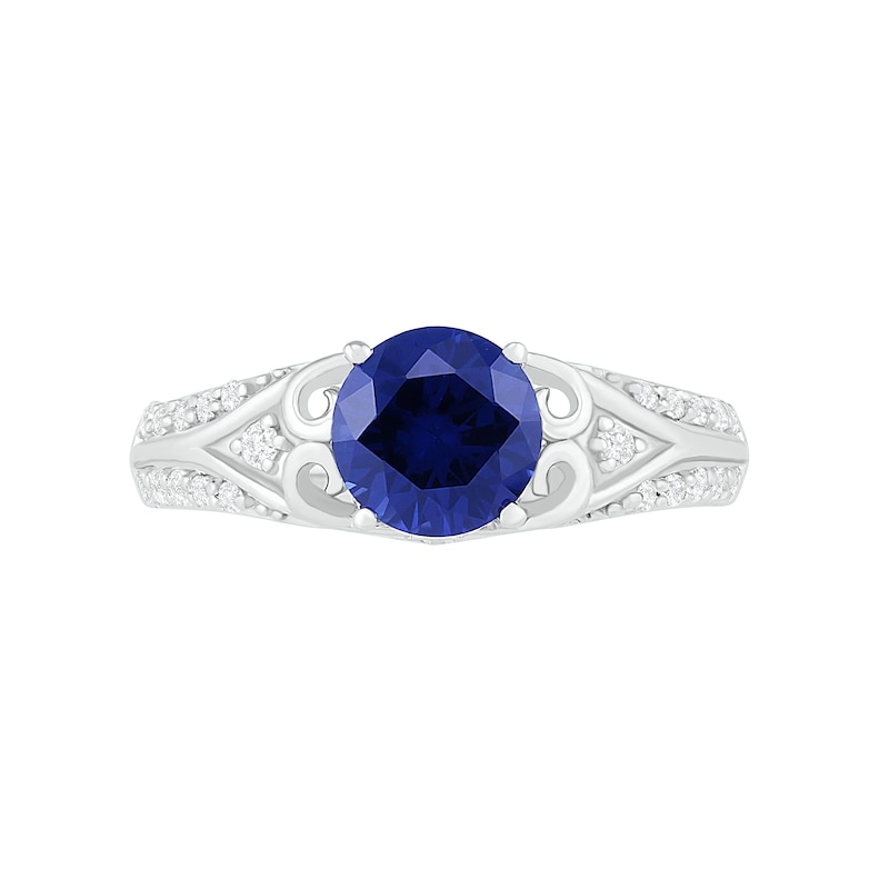 Main Image 5 of 7.0mm Lab-Created Blue and White Sapphire Scroll-Sides Vintage-Style Split Shank Bridal Set in Sterling Silver