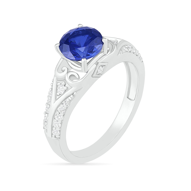 Main Image 6 of 7.0mm Lab-Created Blue and White Sapphire Scroll-Sides Vintage-Style Split Shank Bridal Set in Sterling Silver