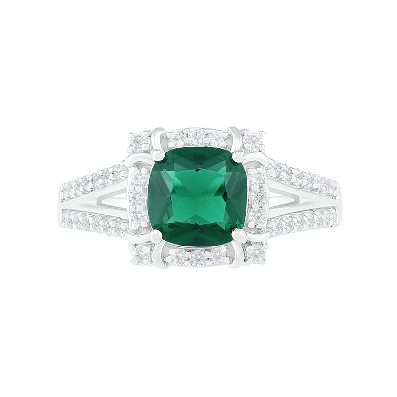 7.0mm Cushion-Cut Lab-Created Emerald and White Sapphire Frame Art Deco Split Shank Ring in Sterling Silver