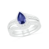 Thumbnail Image 0 of Pear-Shaped Lab-Created Blue and White Sapphire Frame Bypass Split Shank Bridal Set in Sterling Silver