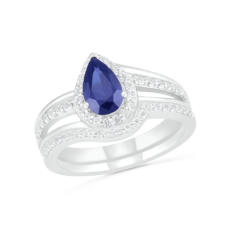 Pear-Shaped Lab-Created Blue and White Sapphire Frame Bypass Split Shank Bridal Set in Sterling Silver|Peoples Jewellers