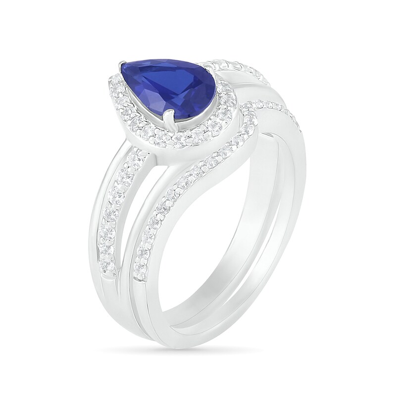 Pear-Shaped Lab-Created Blue and White Sapphire Frame Bypass Split Shank Bridal Set in Sterling Silver