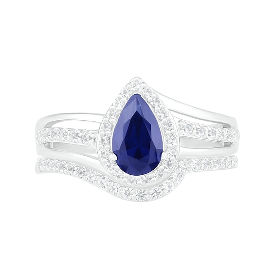 Pear-Shaped Lab-Created Blue and White Sapphire Frame Bypass Split Shank Bridal Set in Sterling Silver