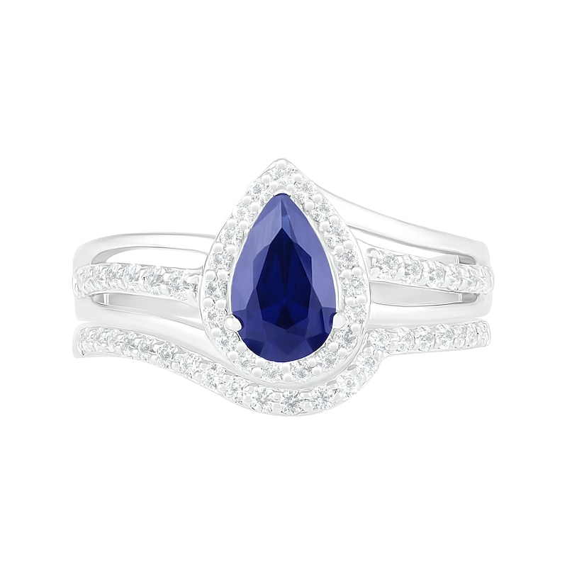 Pear-Shaped Lab-Created Blue and White Sapphire Frame Bypass Split Shank Bridal Set in Sterling Silver