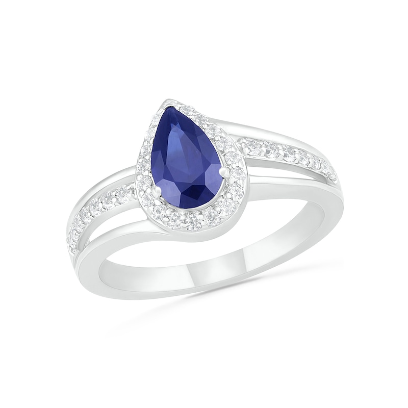 Pear-Shaped Lab-Created Blue and White Sapphire Frame Bypass Split Shank Bridal Set in Sterling Silver