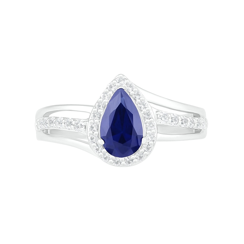 Main Image 5 of Pear-Shaped Lab-Created Blue and White Sapphire Frame Bypass Split Shank Bridal Set in Sterling Silver