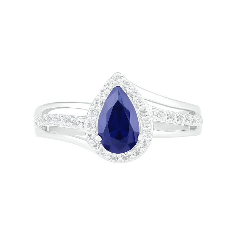 Pear-Shaped Lab-Created Blue and White Sapphire Frame Bypass Split Shank Bridal Set in Sterling Silver