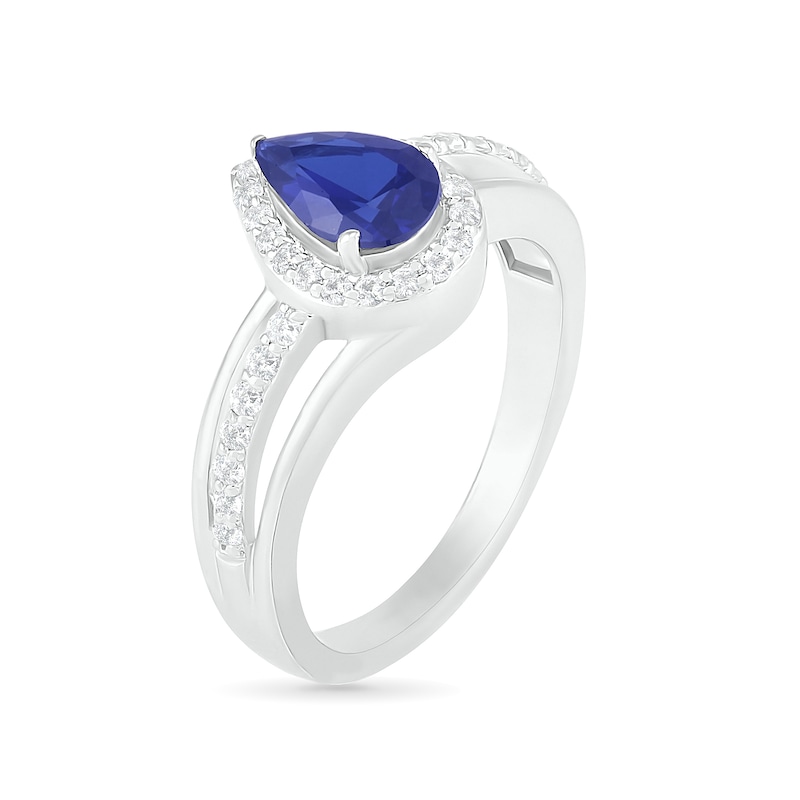 Pear-Shaped Lab-Created Blue and White Sapphire Frame Bypass Split Shank Bridal Set in Sterling Silver