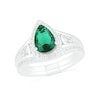 Thumbnail Image 0 of Pear-Shaped Lab-Created Emerald and White Sapphire Geometric Curve Split Shank Bridal Set in Sterling Silver