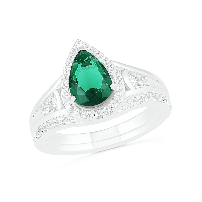Main Image 1 of Pear-Shaped Lab-Created Emerald and White Sapphire Geometric Curve Split Shank Bridal Set in Sterling Silver