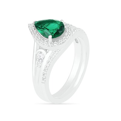 Pear-Shaped Lab-Created Emerald and White Sapphire Geometric Curve Split Shank Bridal Set in Sterling Silver