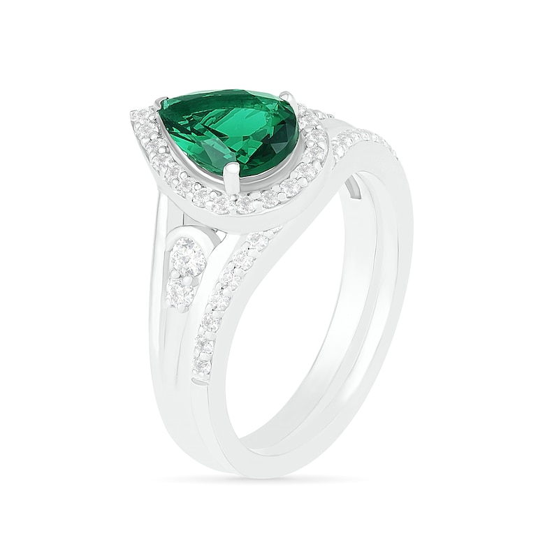Main Image 2 of Pear-Shaped Lab-Created Emerald and White Sapphire Geometric Curve Split Shank Bridal Set in Sterling Silver
