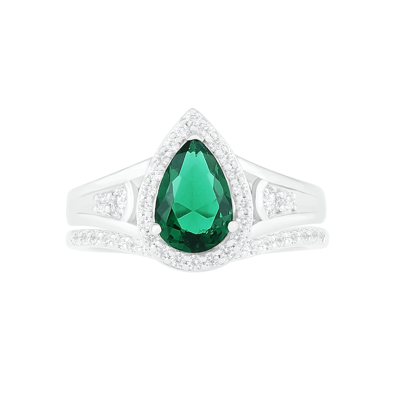 Main Image 3 of Pear-Shaped Lab-Created Emerald and White Sapphire Geometric Curve Split Shank Bridal Set in Sterling Silver