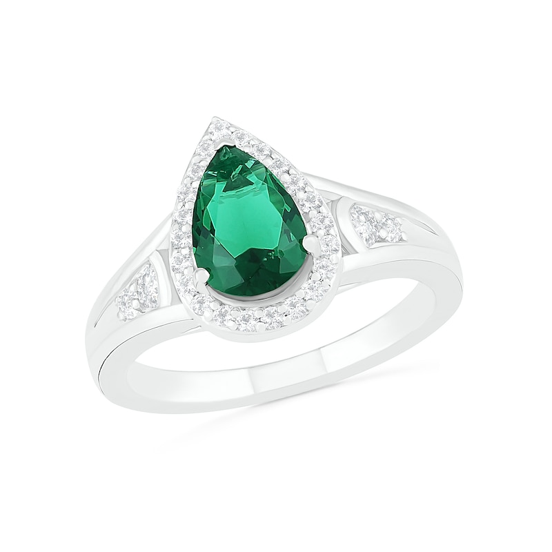 Main Image 4 of Pear-Shaped Lab-Created Emerald and White Sapphire Geometric Curve Split Shank Bridal Set in Sterling Silver