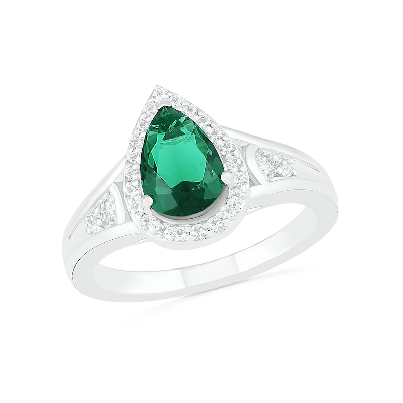 Pear-Shaped Lab-Created Emerald and White Sapphire Geometric Curve Split Shank Bridal Set in Sterling Silver