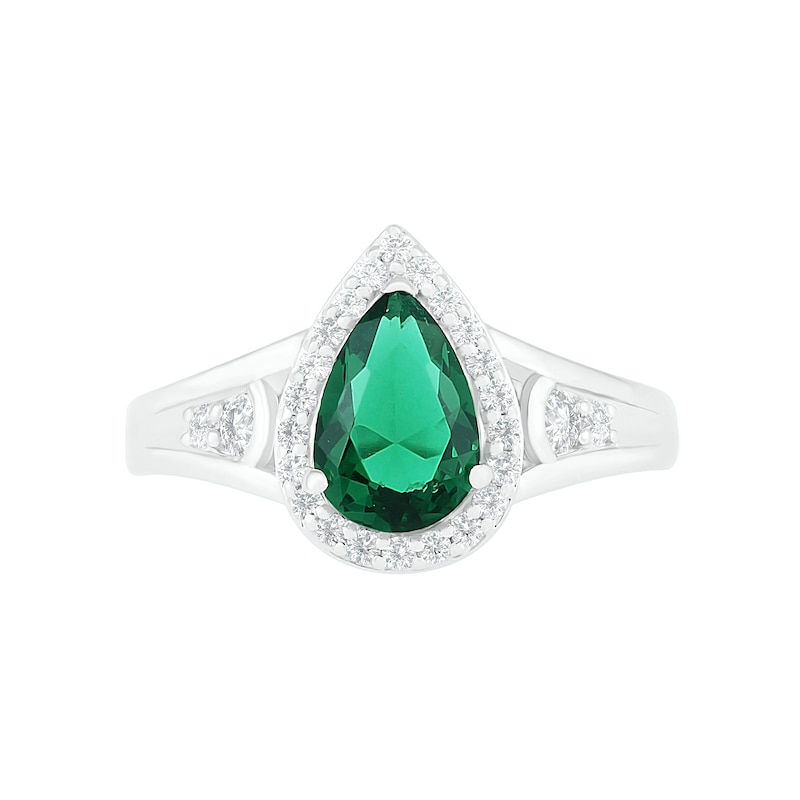 Main Image 5 of Pear-Shaped Lab-Created Emerald and White Sapphire Geometric Curve Split Shank Bridal Set in Sterling Silver