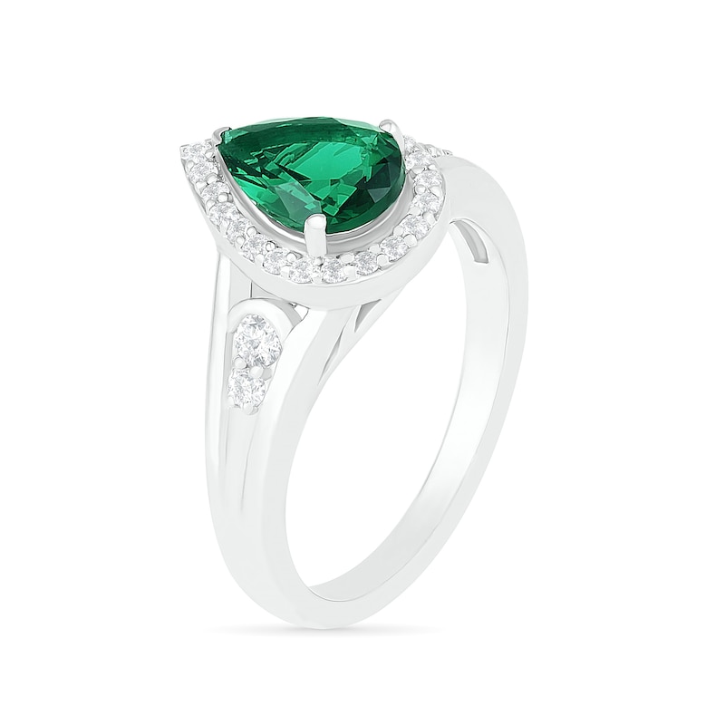 Pear-Shaped Lab-Created Emerald and White Sapphire Geometric Curve Split Shank Bridal Set in Sterling Silver