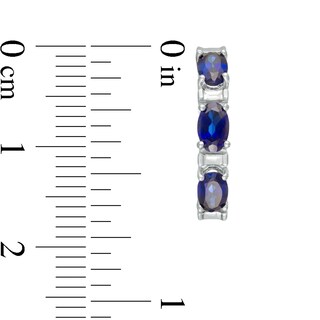 Oval Lab-Created Blue Sapphire and Baguette Diamond Accent Three Stone Hoop Earrings in Sterling Silver