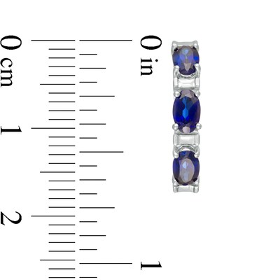 Oval Lab-Created Blue Sapphire and Baguette Diamond Accent Three Stone Hoop Earrings in Sterling Silver