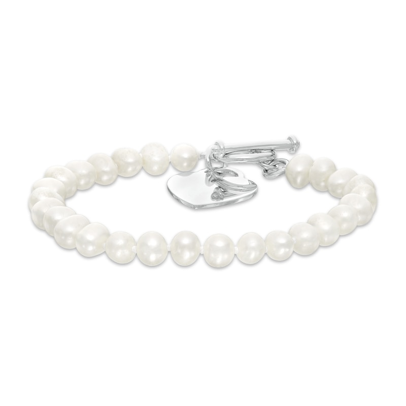 5.0-6.0mm Cultured Freshwater Pearl Strand Bracelet with Sterling Silver Heart Charm and Toggle Clasp - 7.5"