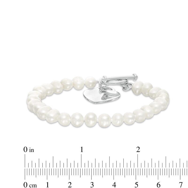 Main Image 3 of 5.0-6.0mm Freshwater Cultured Pearl Strand Bracelet with Sterling Silver Heart Charm and Toggle Clasp-7.5"