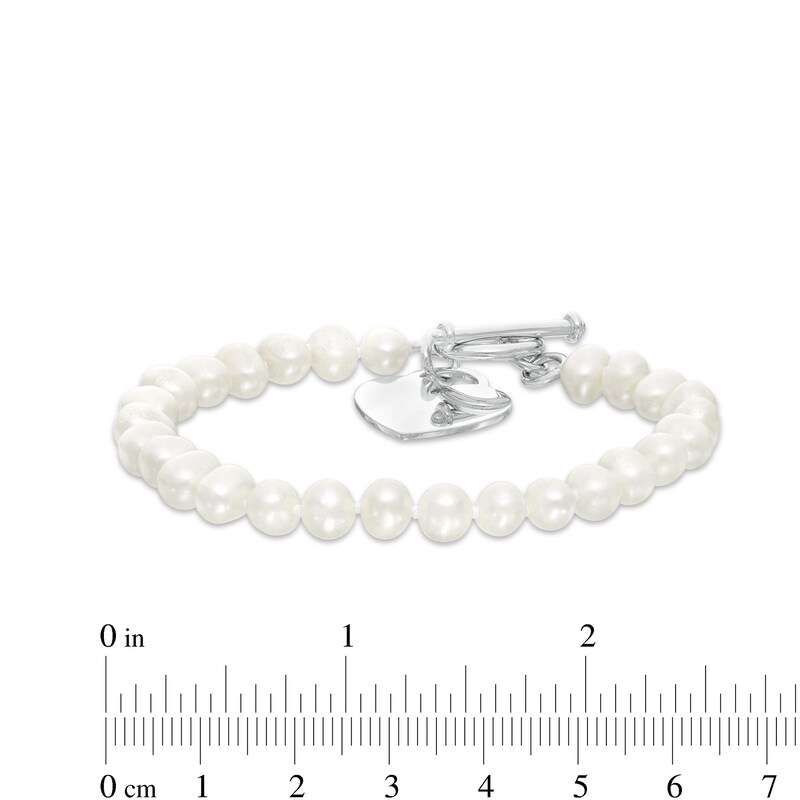 5.0-6.0mm Cultured Freshwater Pearl Strand Bracelet with Sterling Silver Heart Charm and Toggle Clasp - 7.5"