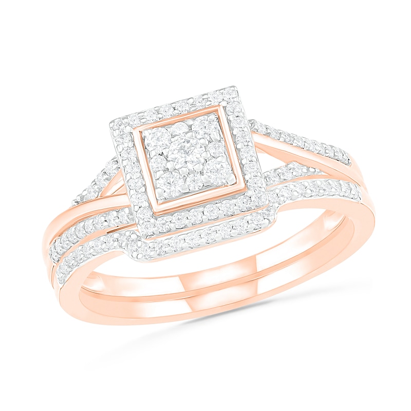 0.37 CT. T.W. Composite Diamond Square Frame Split Shank Bridal Set in 10K Rose Gold