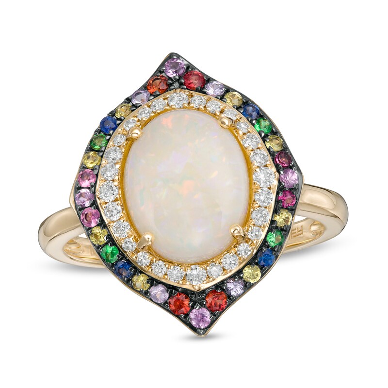 Main Image 1 of EFFY™ Collection Oval Opal, Multi-Gemstone and 0.15 CT. T.W. Diamond Double Frame Ring in 14K Gold