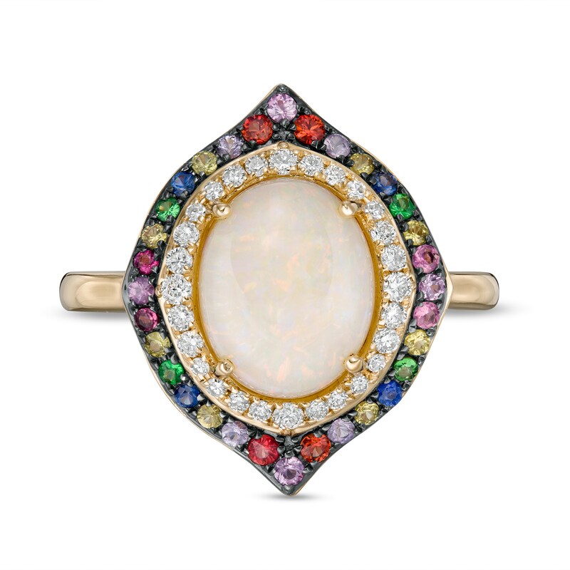 Main Image 4 of EFFY™ Collection Oval Opal, Multi-Gemstone and 0.15 CT. T.W. Diamond Double Frame Ring in 14K Gold