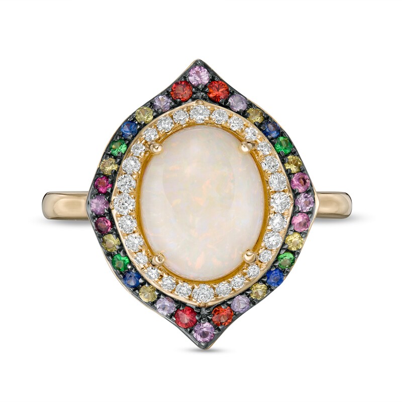 EFFY™ Collection Oval Opal, Multi-Gemstone and 0.15 CT. T.W. Diamond Double Frame Ring in 14K Gold