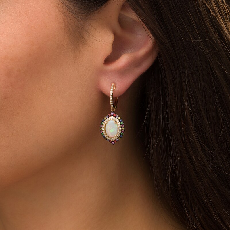 Main Image 2 of EFFY™ Collection Oval Opal, Multi-Gemstone and 0.36 CT. T.W. Diamond Double Frame Drop Earrings in 14K Gold