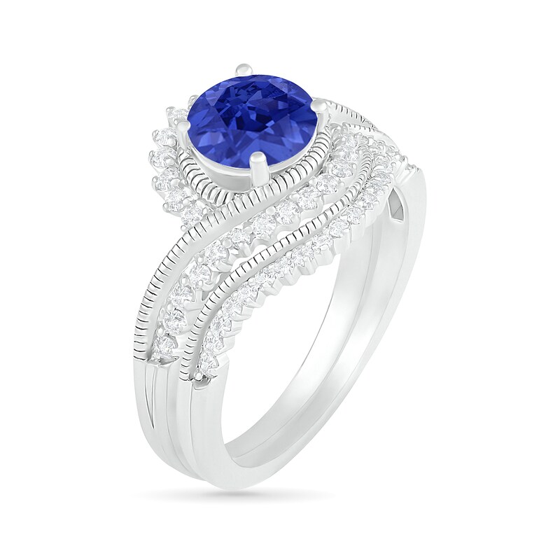 Main Image 2 of 7.0mm Lab-Created Blue and White Sapphire Sunburst Bypass Frame Vintage-Style Bridal Set in Sterling Silver