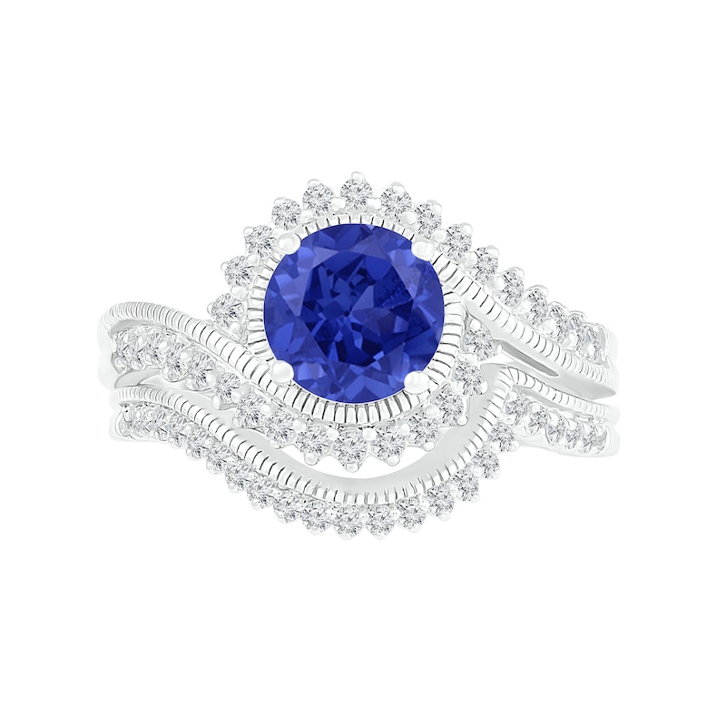 7.0mm Lab-Created Blue and White Sapphire Sunburst Bypass Frame Vintage-Style Bridal Set in Sterling Silver