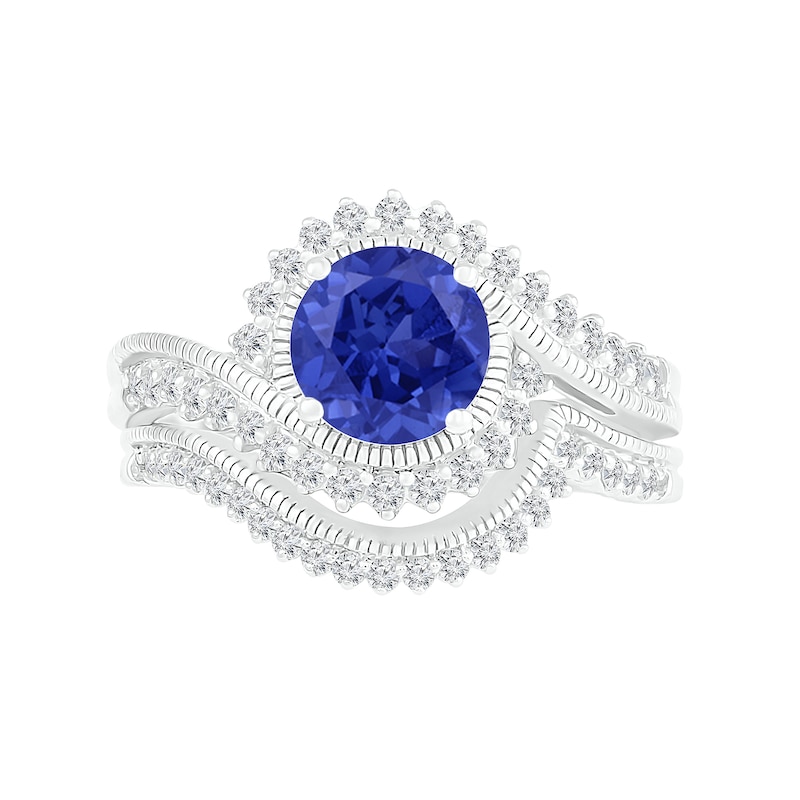 Main Image 3 of 7.0mm Lab-Created Blue and White Sapphire Sunburst Bypass Frame Vintage-Style Bridal Set in Sterling Silver