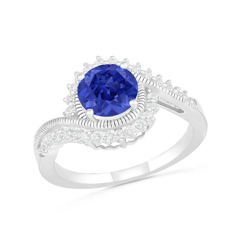 Main Image 4 of 7.0mm Lab-Created Blue and White Sapphire Sunburst Bypass Frame Vintage-Style Bridal Set in Sterling Silver