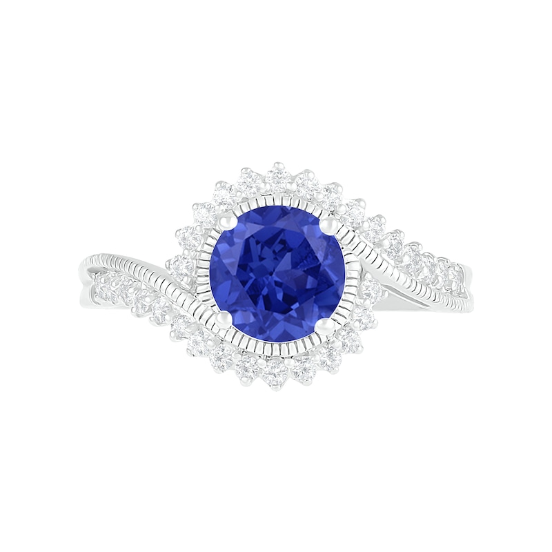 7.0mm Lab-Created Blue and White Sapphire Sunburst Bypass Frame Vintage-Style Bridal Set in Sterling Silver