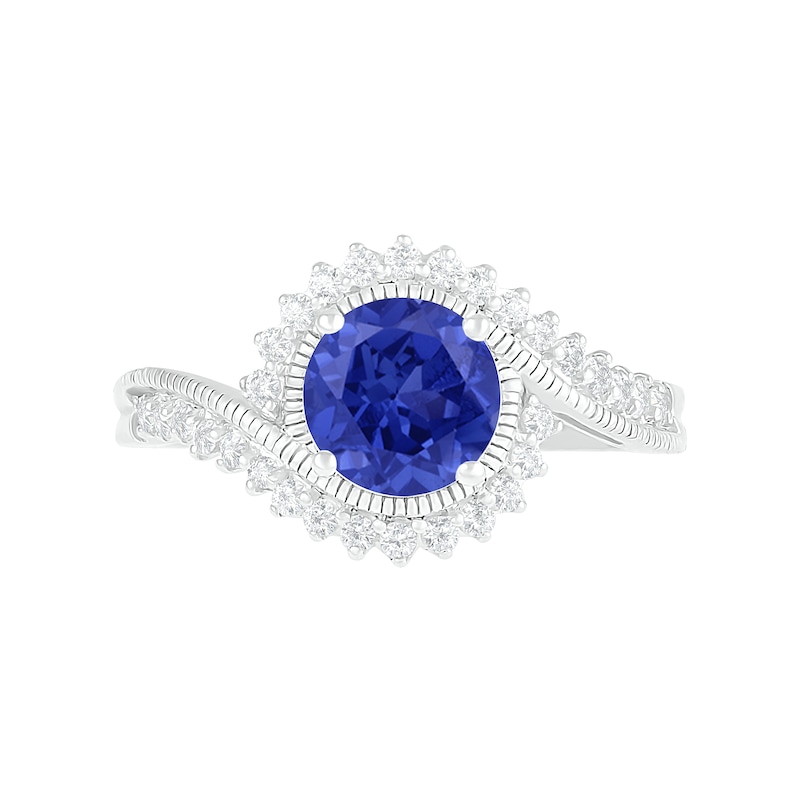 Main Image 5 of 7.0mm Lab-Created Blue and White Sapphire Sunburst Bypass Frame Vintage-Style Bridal Set in Sterling Silver