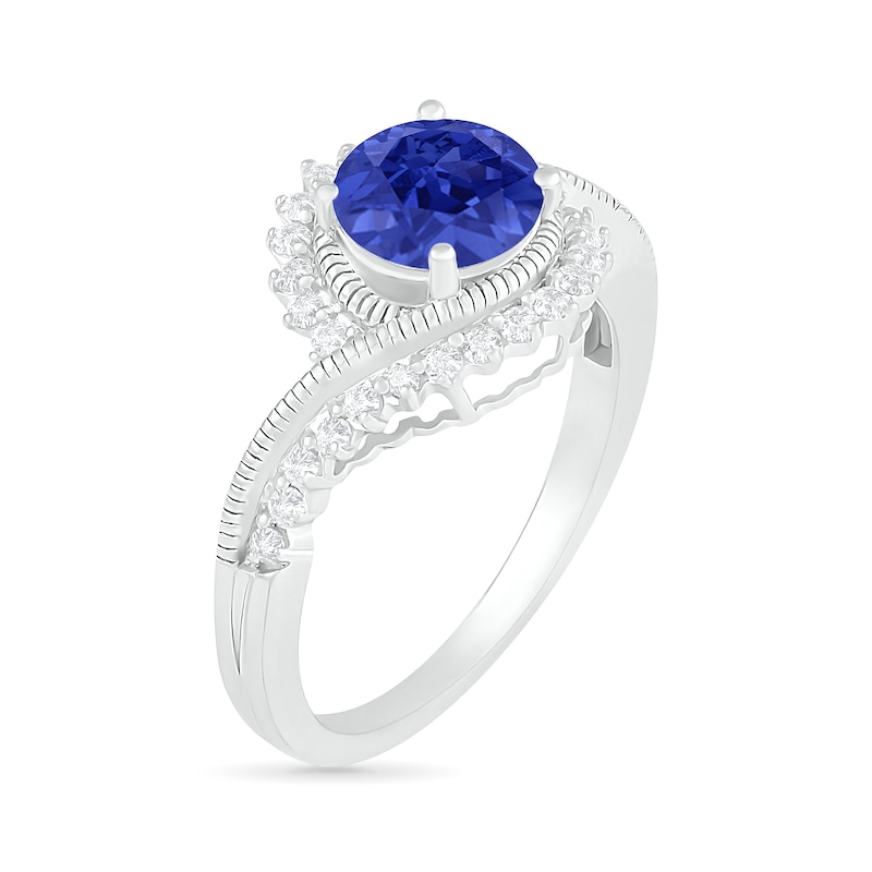 Main Image 6 of 7.0mm Lab-Created Blue and White Sapphire Sunburst Bypass Frame Vintage-Style Bridal Set in Sterling Silver