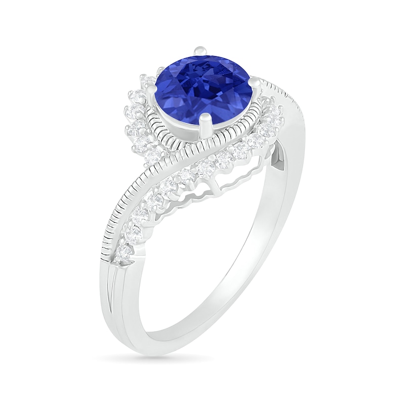 7.0mm Lab-Created Blue and White Sapphire Sunburst Bypass Frame Vintage-Style Bridal Set in Sterling Silver