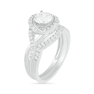 6.0mm White Lab-Created Sapphire Swirl Frame Twist Split Shank Bridal Set in Sterling Silver