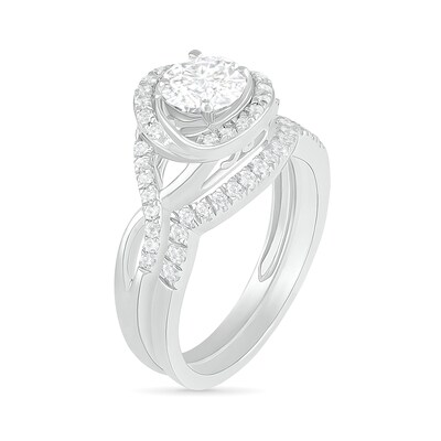 6.0mm White Lab-Created Sapphire Swirl Frame Twist Split Shank Bridal Set in Sterling Silver