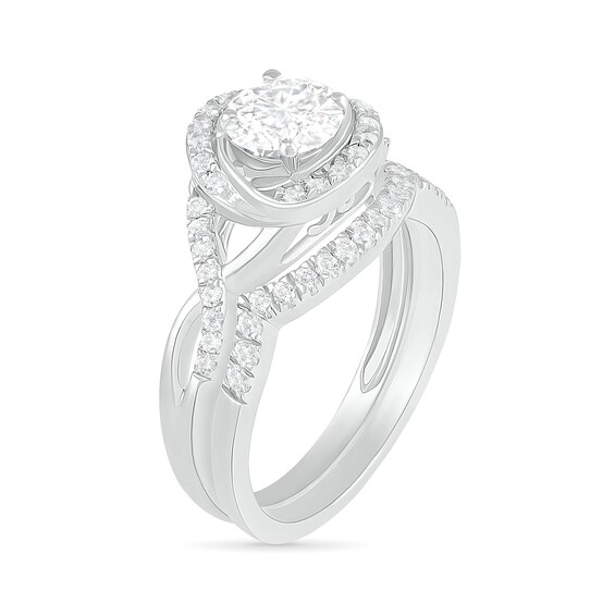 6.0mm White Lab-Created Sapphire Swirl Frame Twist Split Shank Bridal Set in Sterling Silver